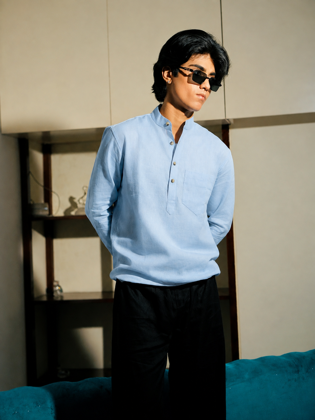 Light Blue Linen Henley Shirt with European Collar