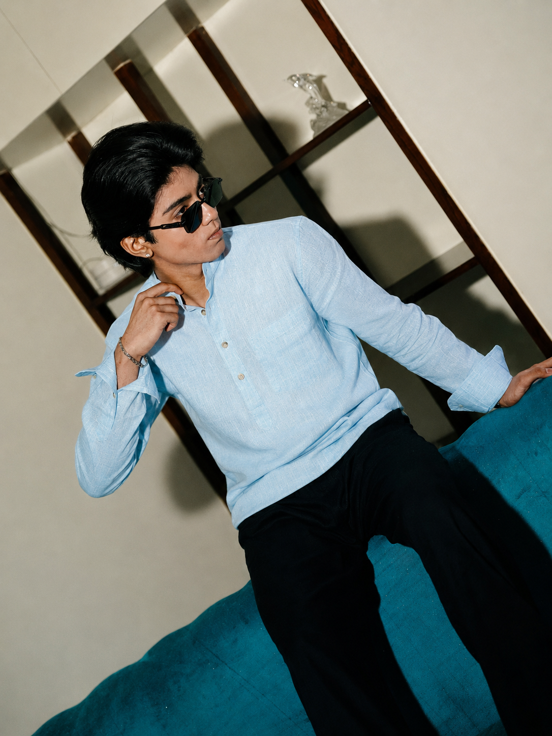 Light Blue Linen Henley Shirt with European Collar