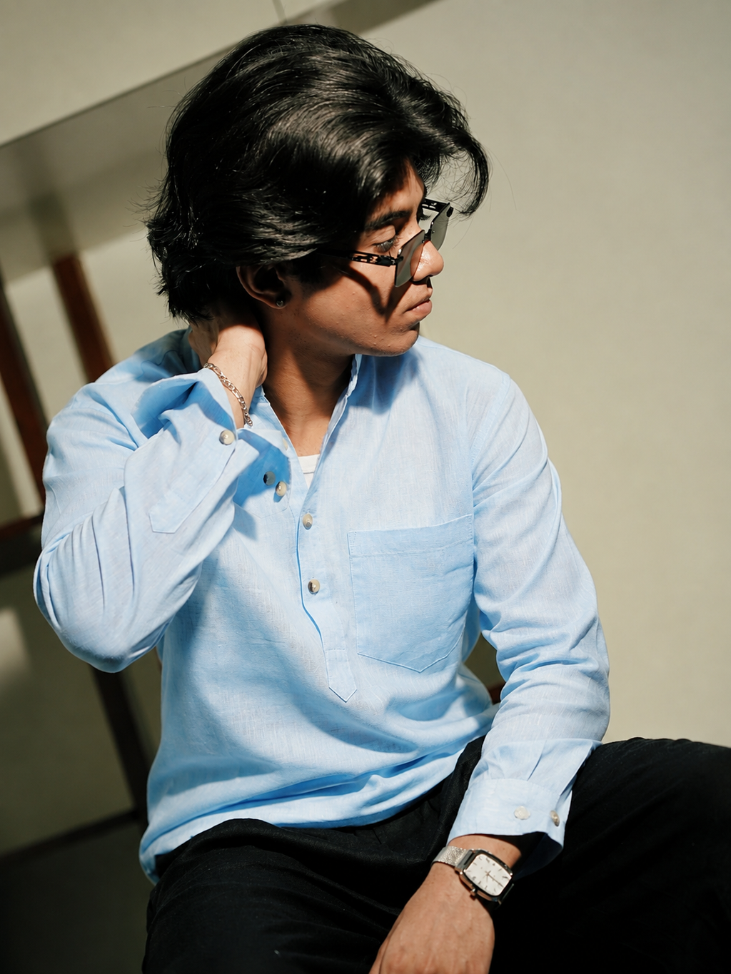 Light Blue Linen Henley Shirt with European Collar
