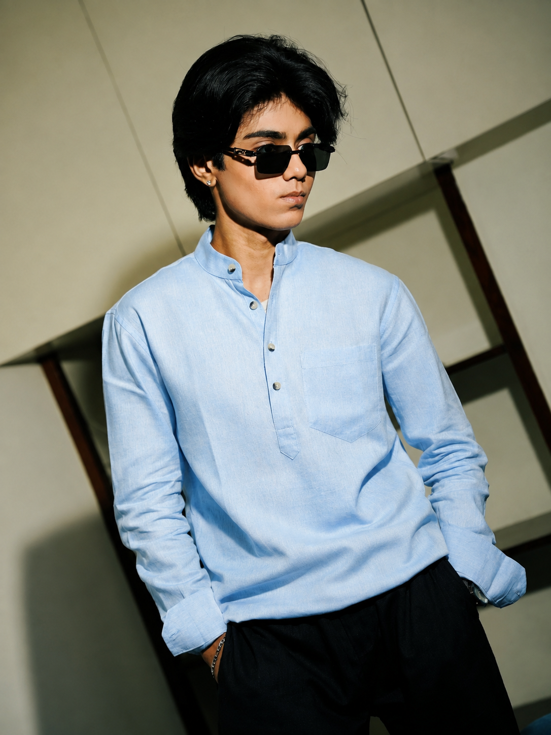 Light Blue Linen Henley Shirt with European Collar
