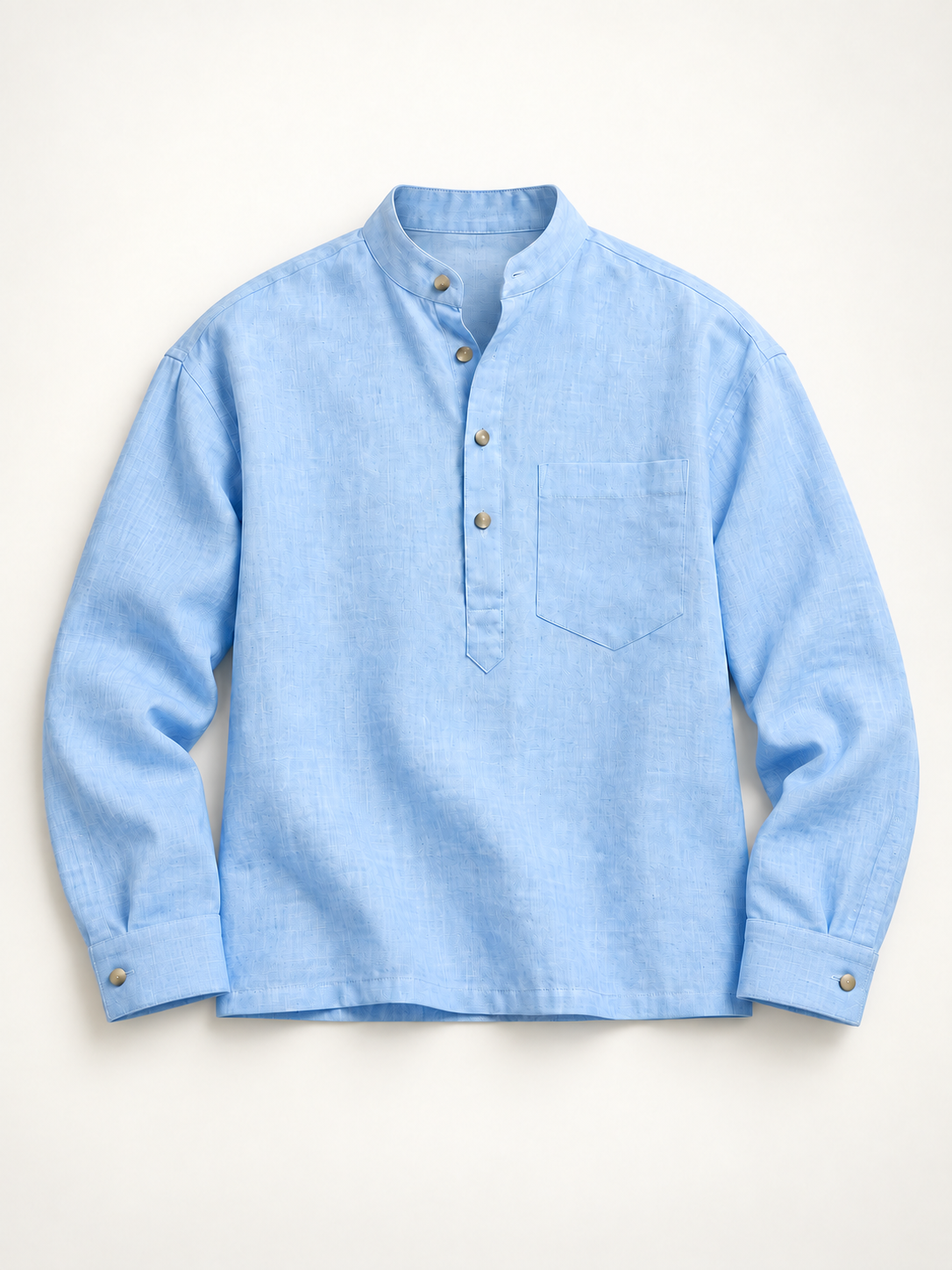 Light Blue Linen Henley Shirt with European Collar