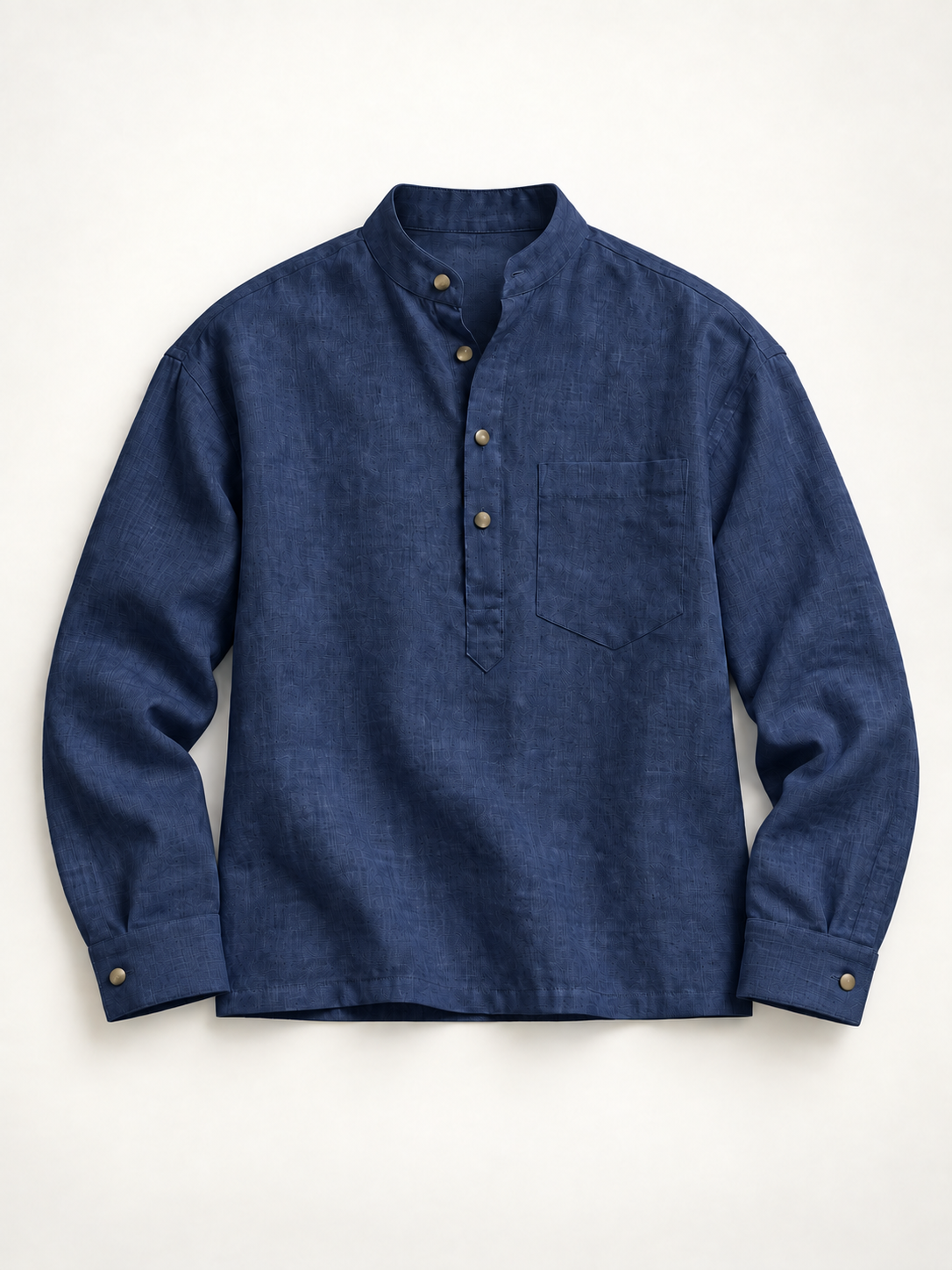 Navy Blue Linen Henley with European Collar