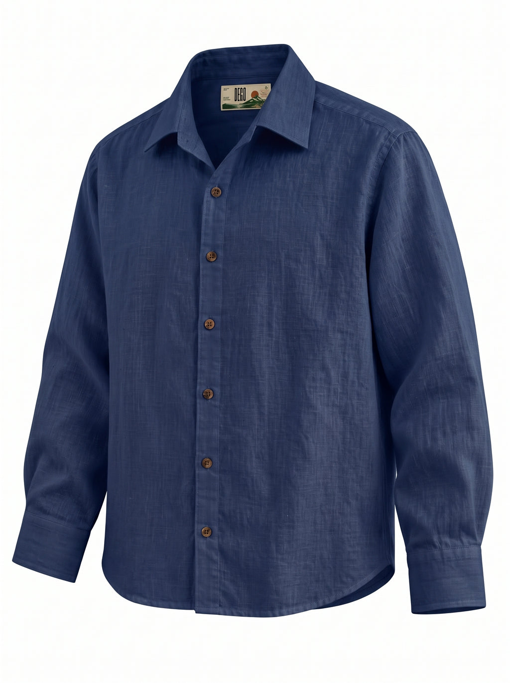 Navy Blue Linen Shirt with European Collar