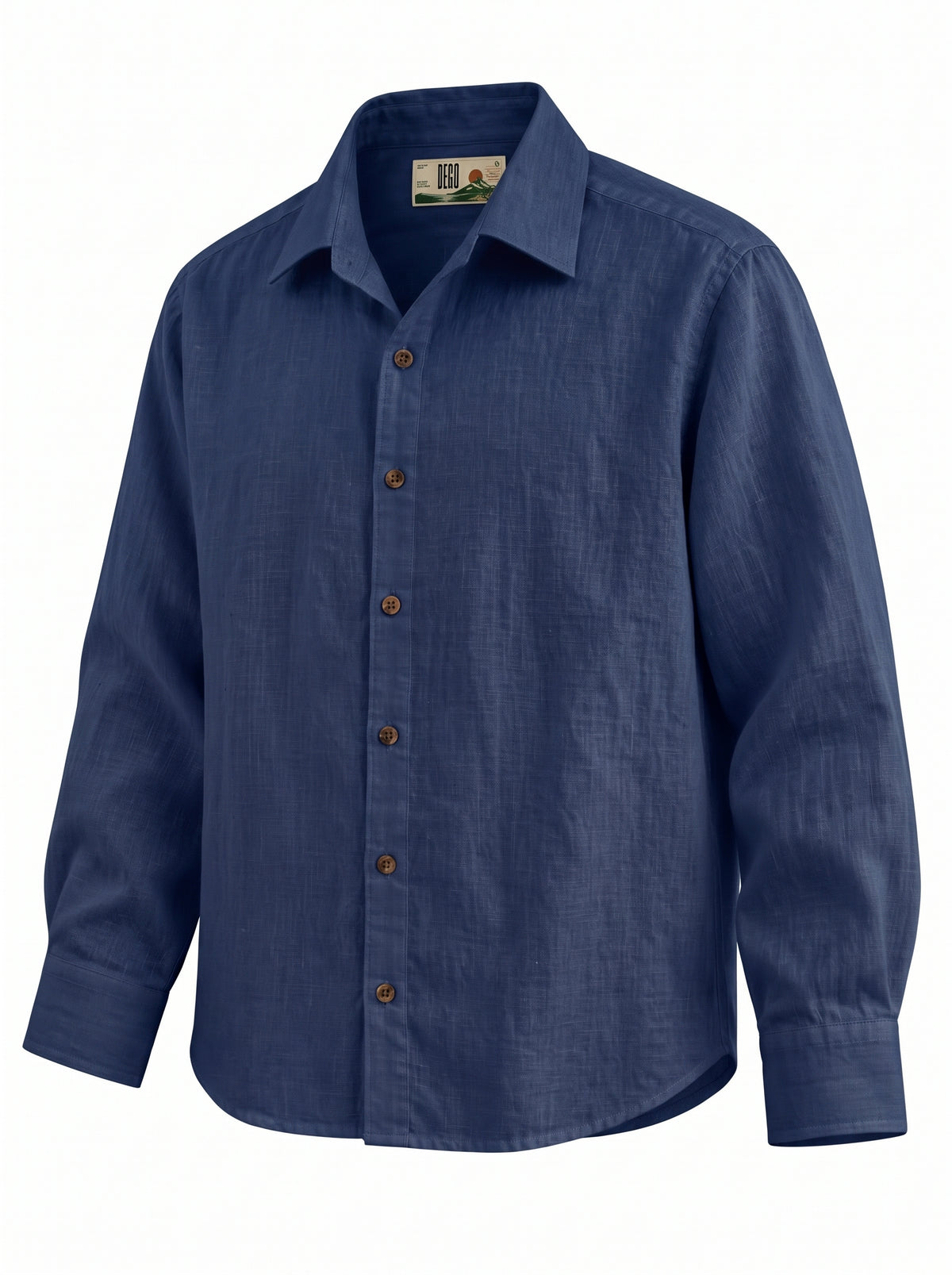 Navy Blue Linen Shirt with European Collar