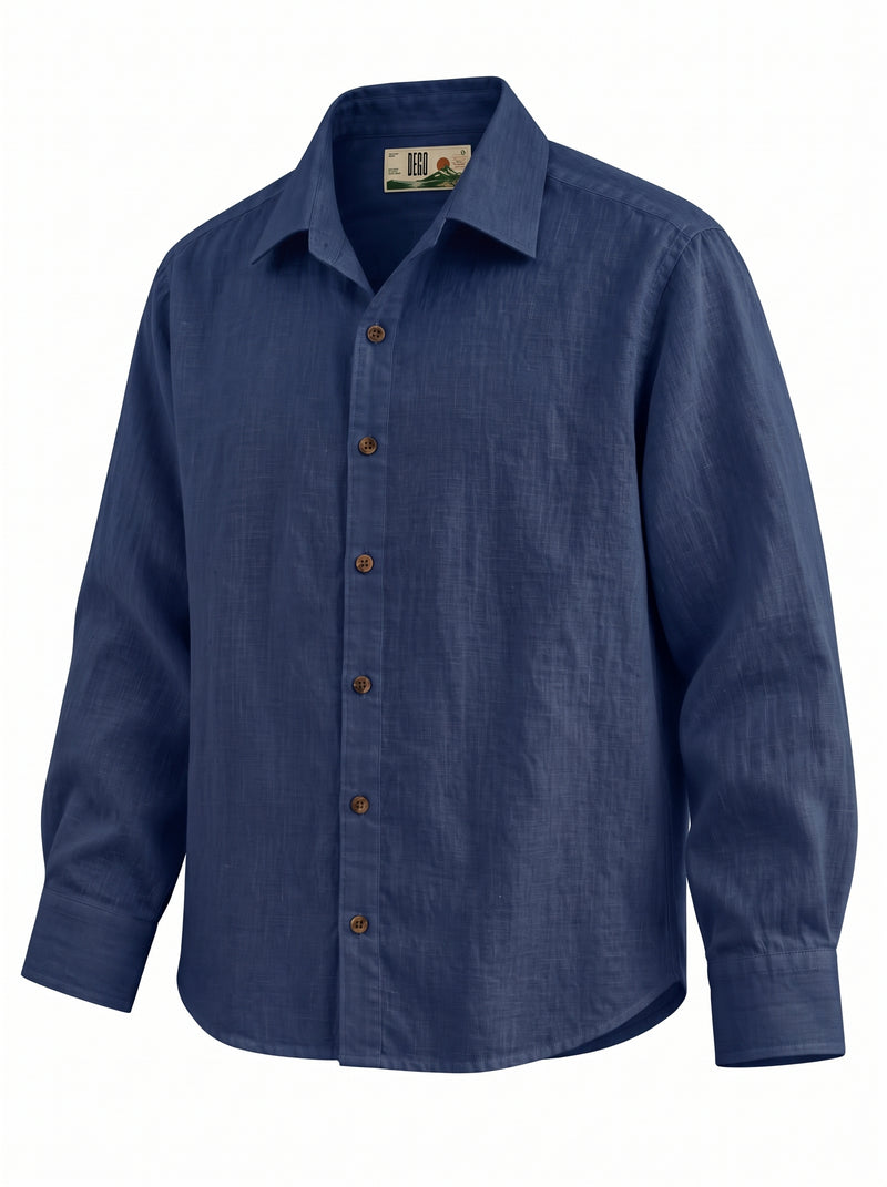 Navy Blue Linen Shirt with European Collar
