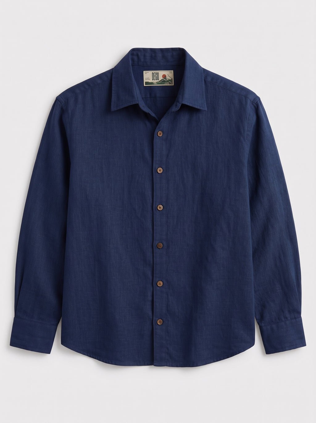 Navy Blue Linen Shirt with European Collar