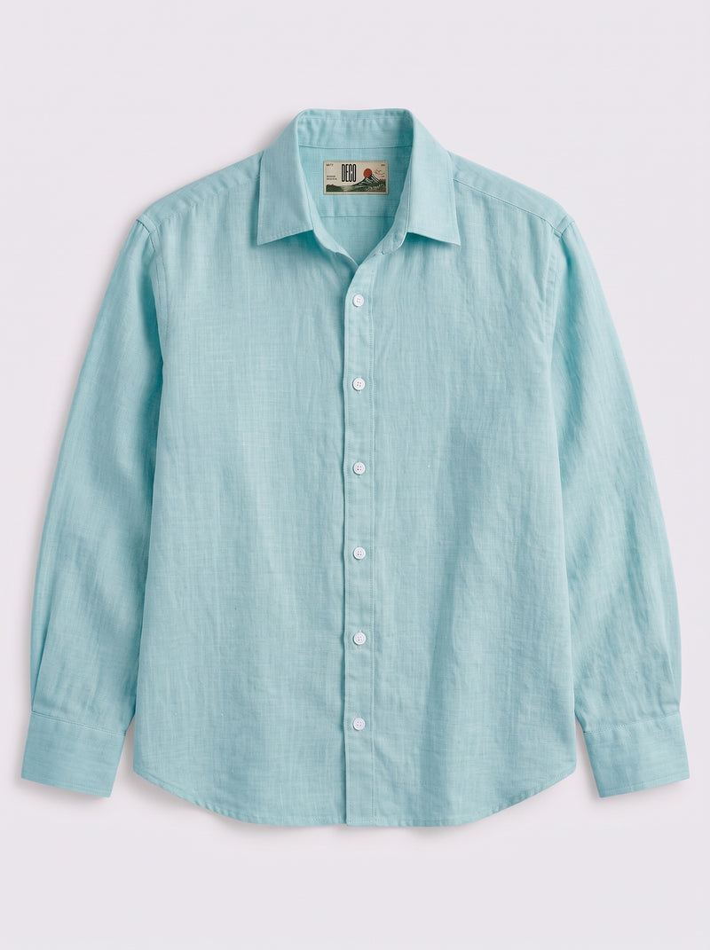Vivid Blue Linen Shirt with European Collar