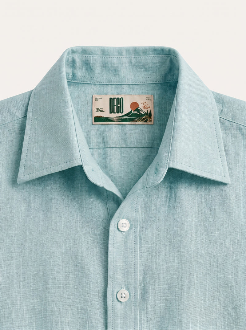 Vivid Blue Linen Shirt with European Collar