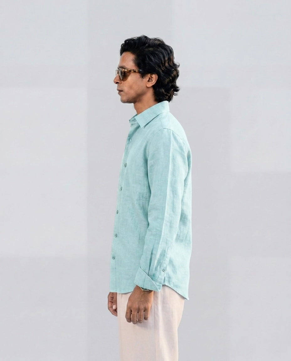 Vivid Blue Linen Shirt with European Collar