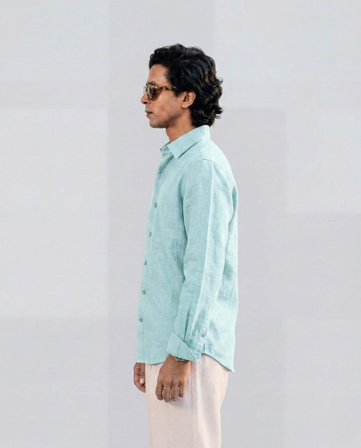 Vivid Blue Linen Shirt with European Collar