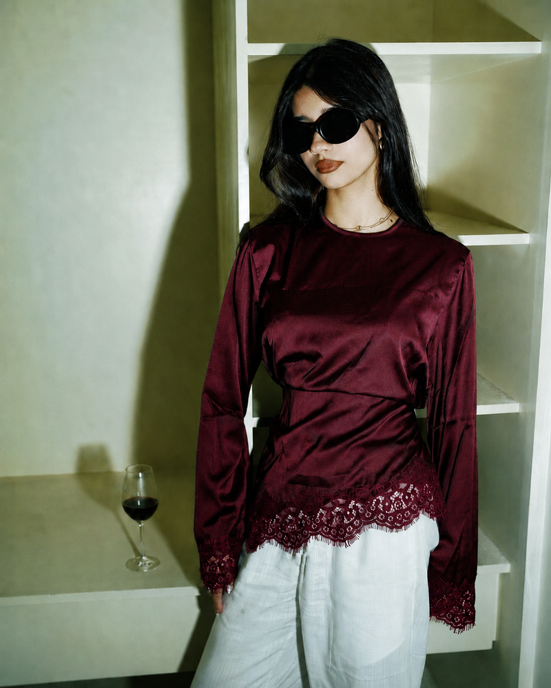 Women’s Satin Laced Top - Wine Red