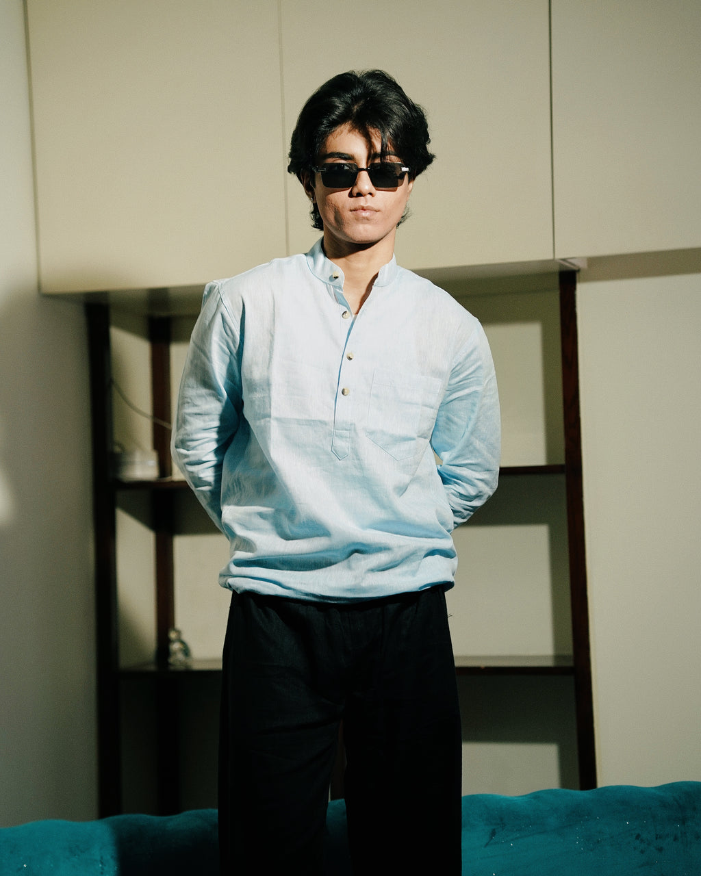 Light Blue Linen Henley Shirt Shirt with European Collar