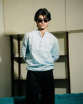 Light Blue Linen Henley Shirt Shirt with European Collar
