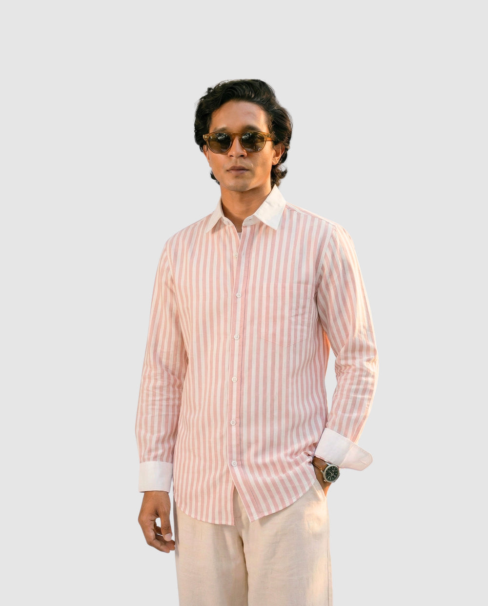Striped Pink Contrast Collar Shirt