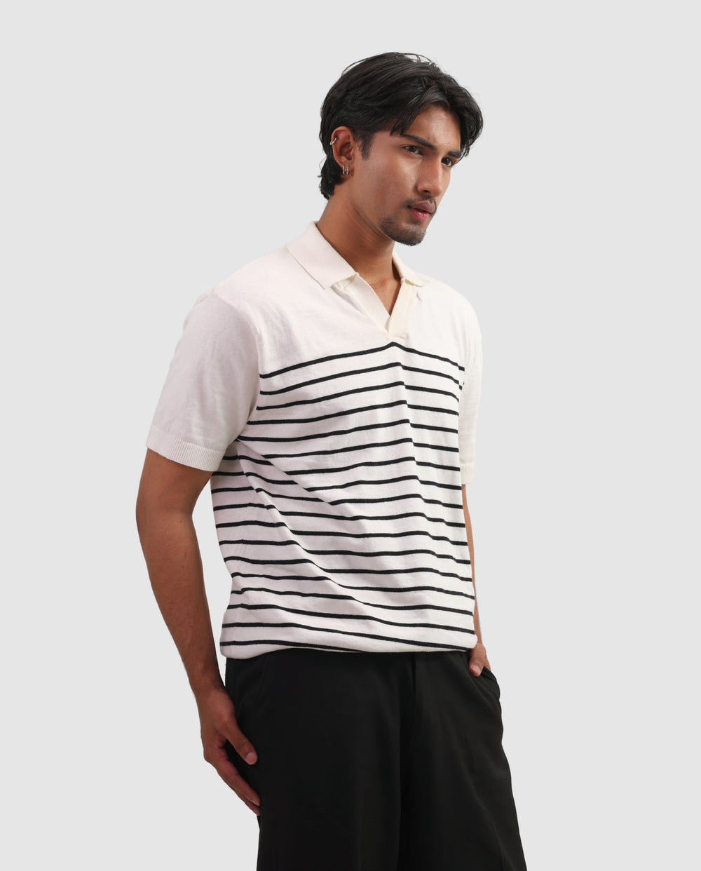 Striped Knit Polo - White