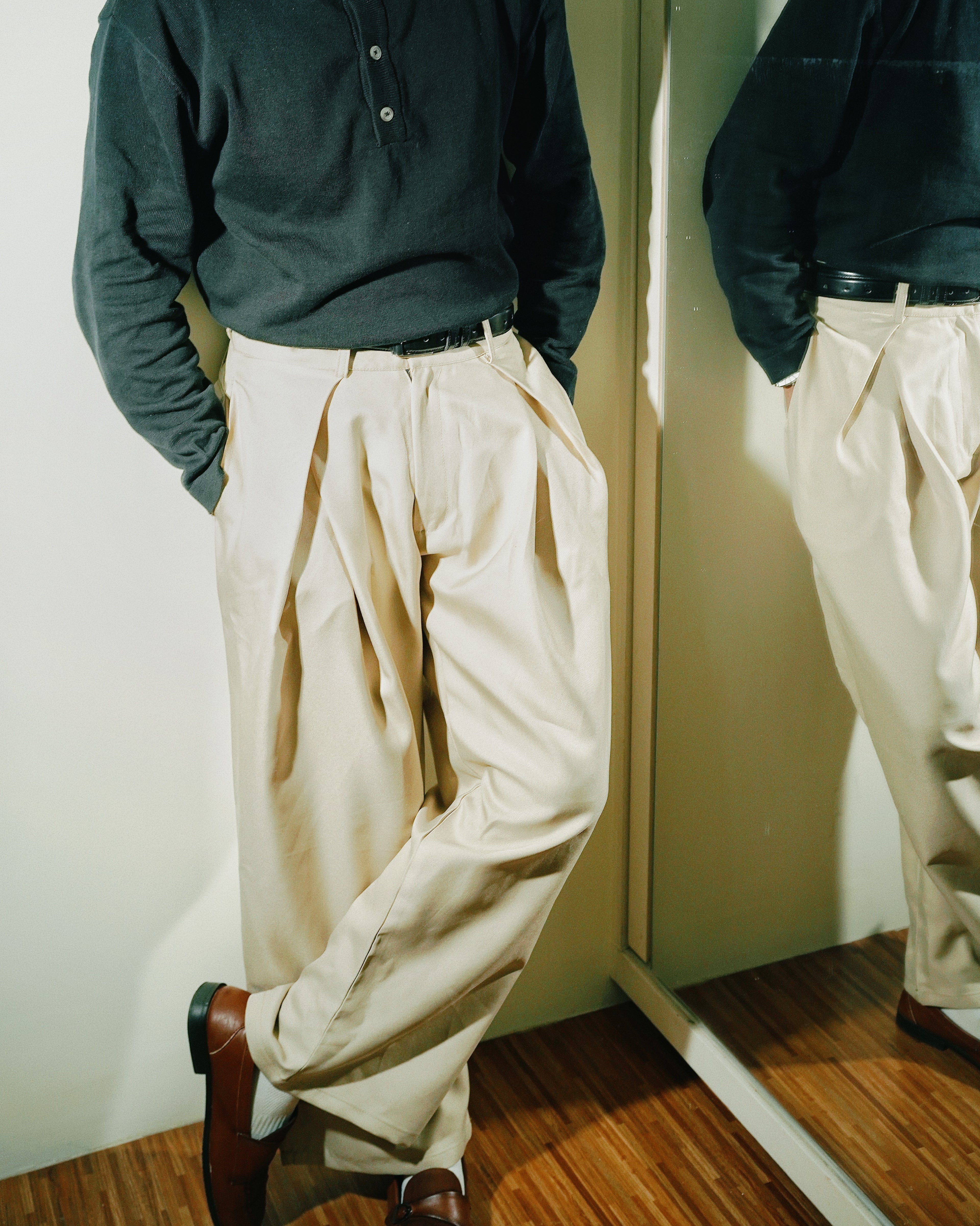 Unisex Prestige Pleated Pinstripe Pant - Beige