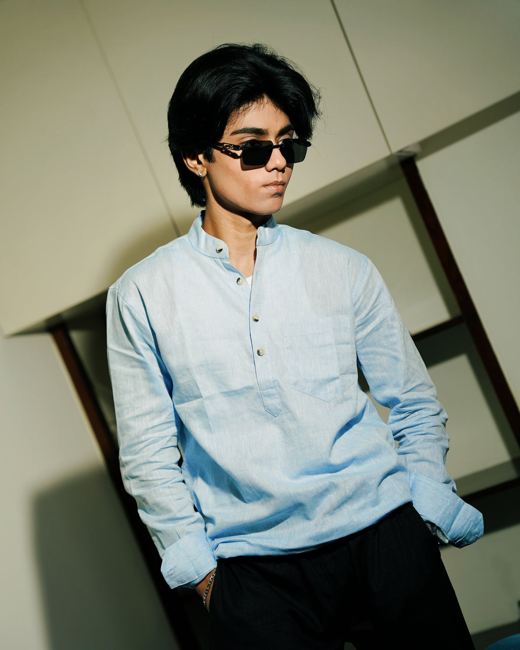 Light Blue Linen Henley Shirt Shirt with European Collar