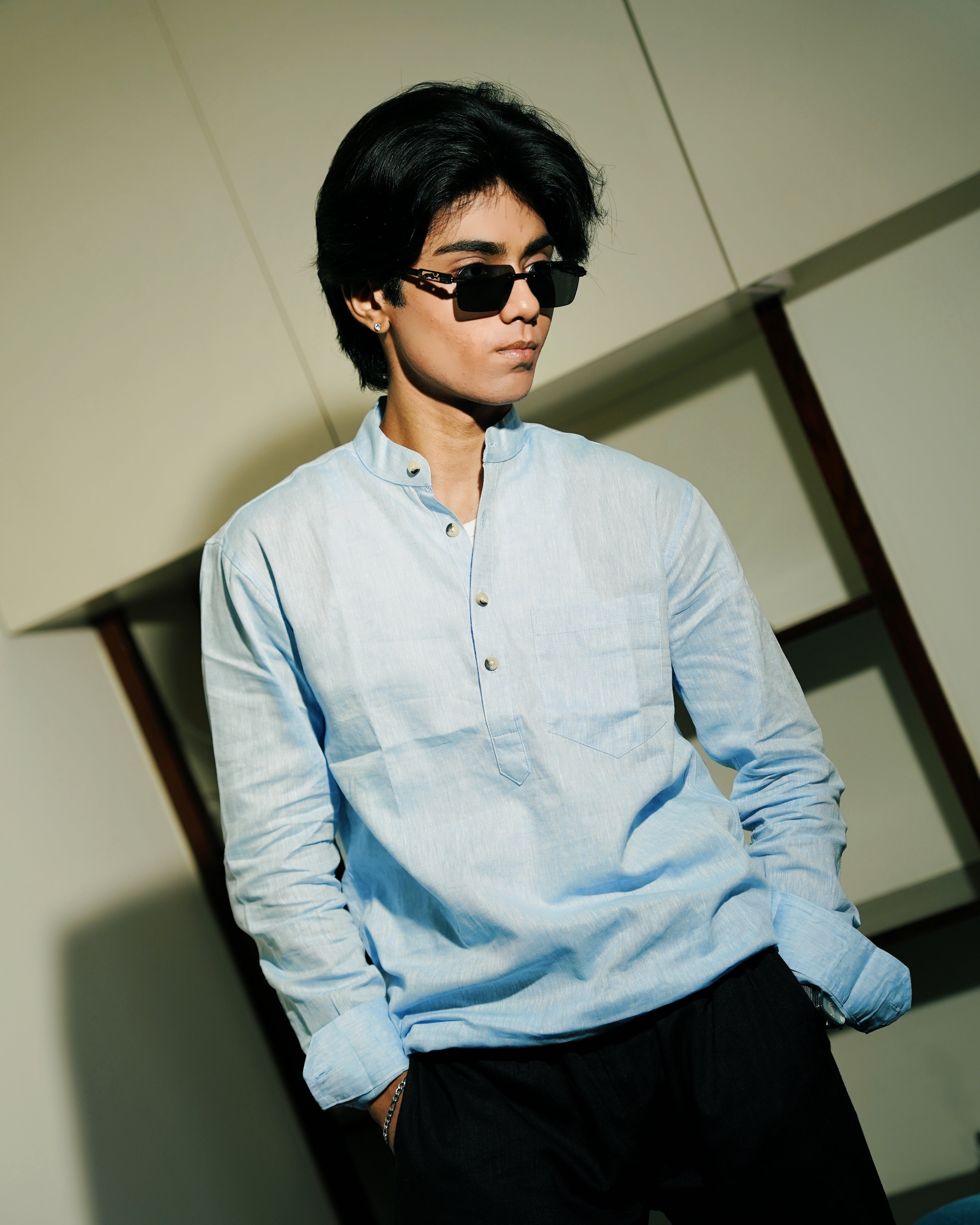 Light Blue Linen Henley Shirt Shirt with European Collar