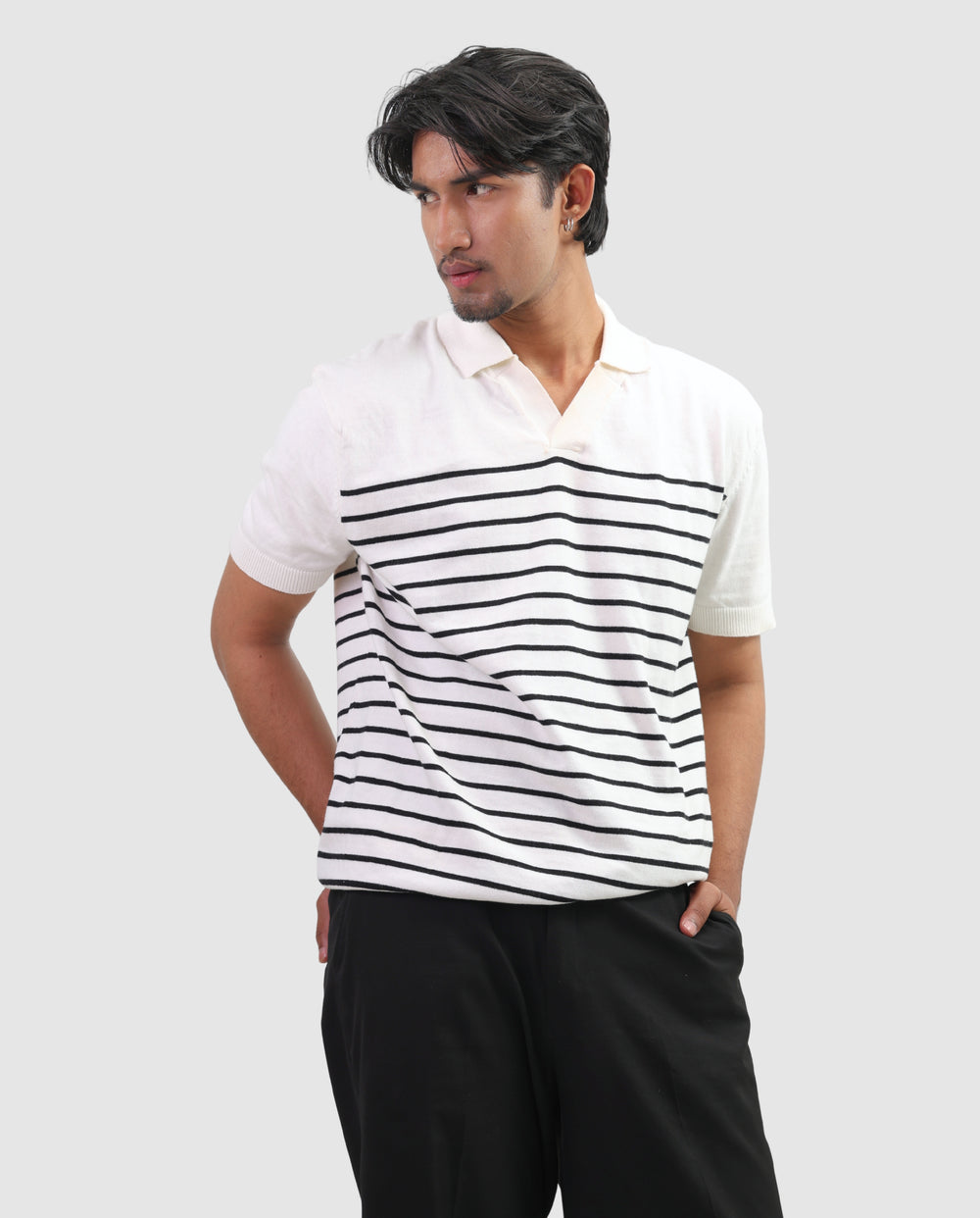 Striped Knit Polo - White