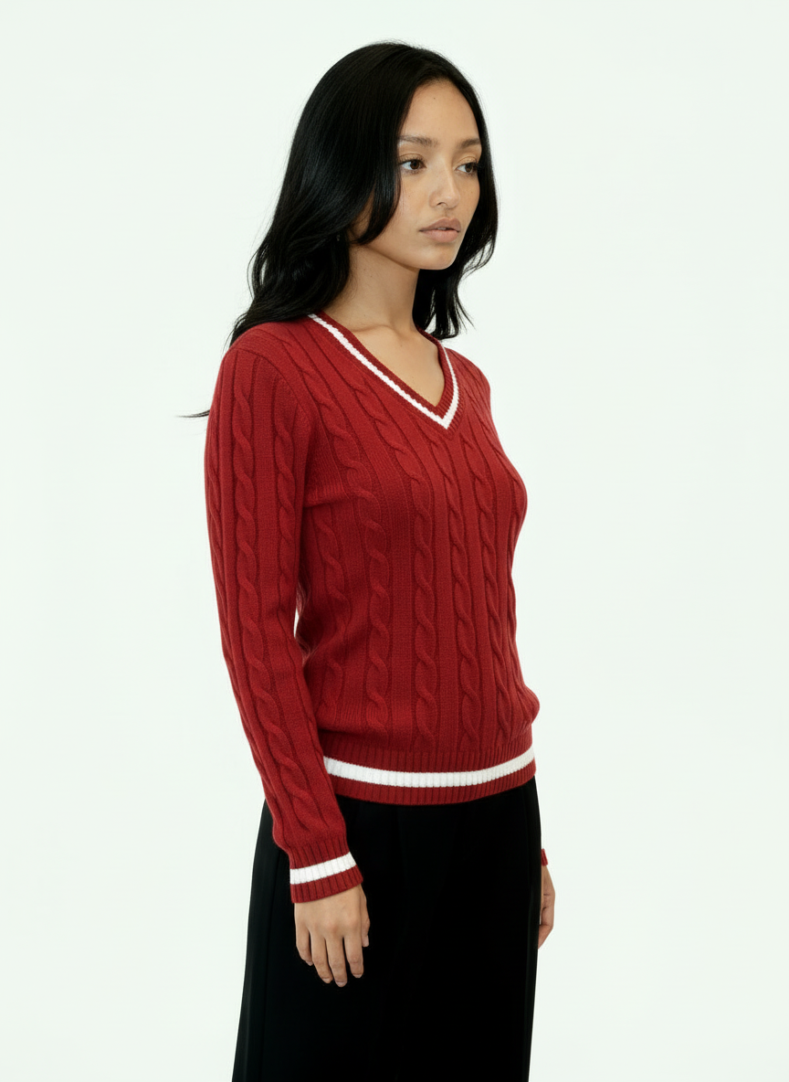Valeria Women's V-Neck Sweater - Cherry Red