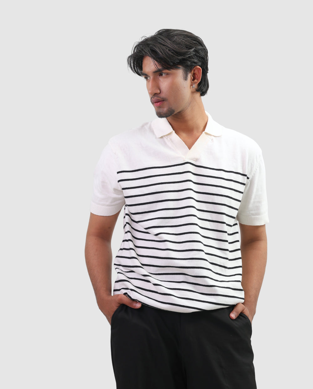 Striped Knit Polo - White