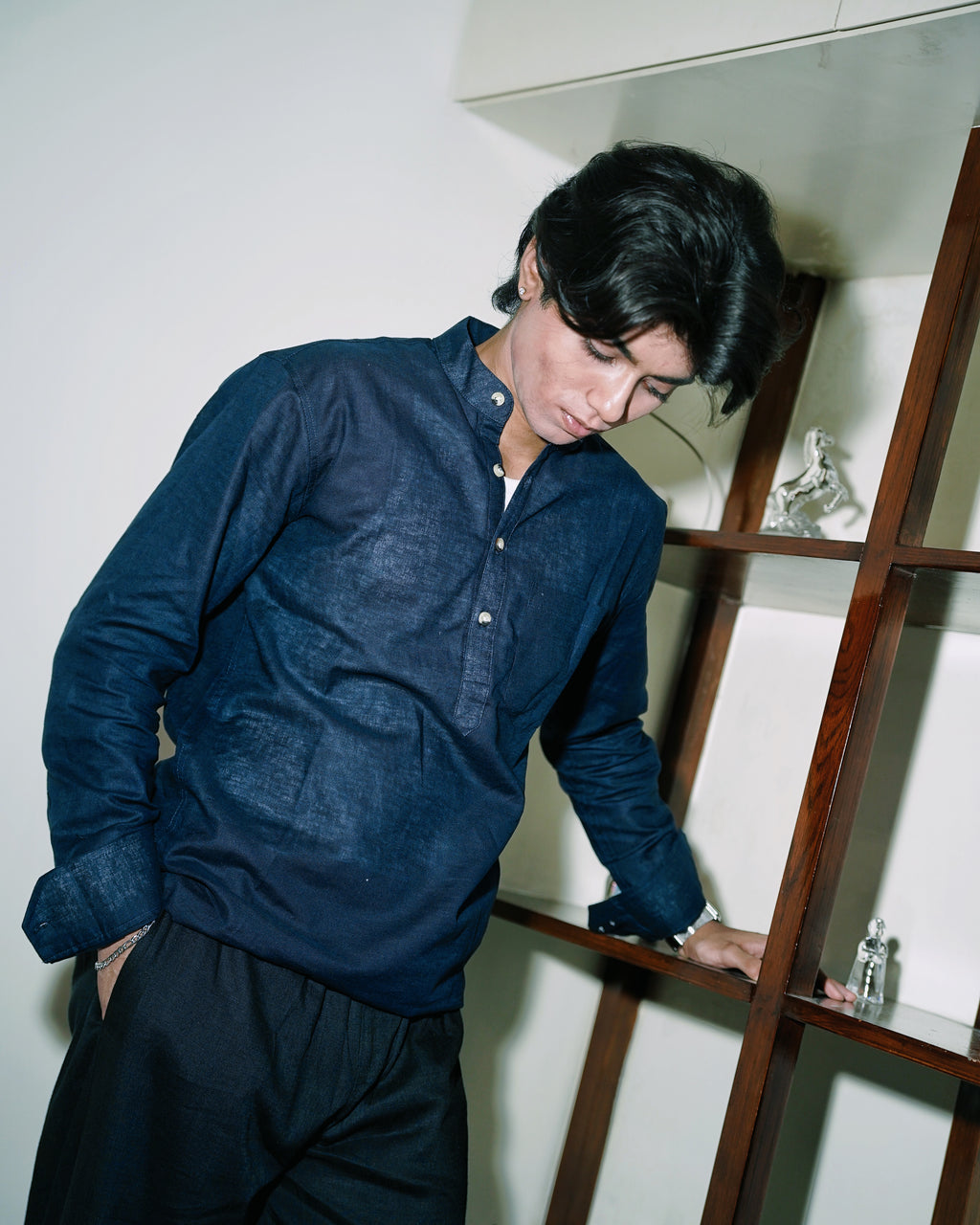 Navy Blue Linen Henley with European Collar