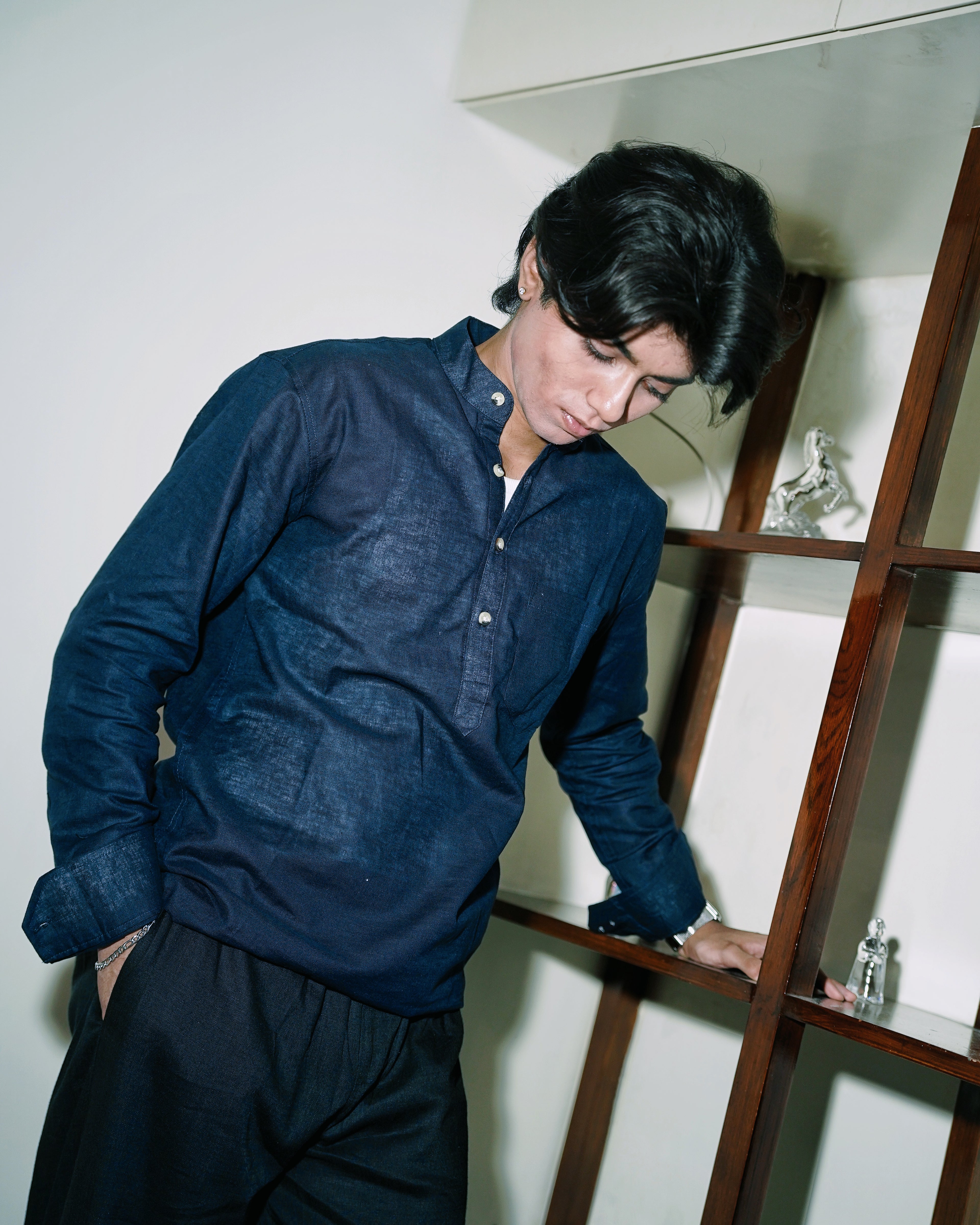 Navy Blue Linen Henley with European Collar