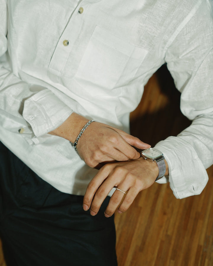 White Linen Henley with European Collar