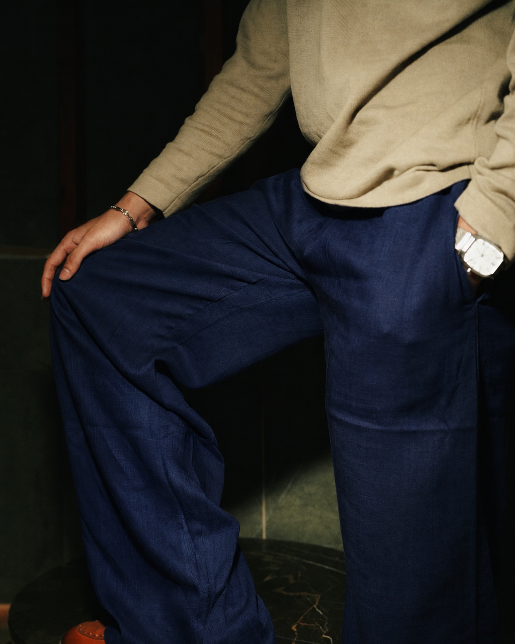 Unisex Wide-Legged Linen Pants - Navy Blue