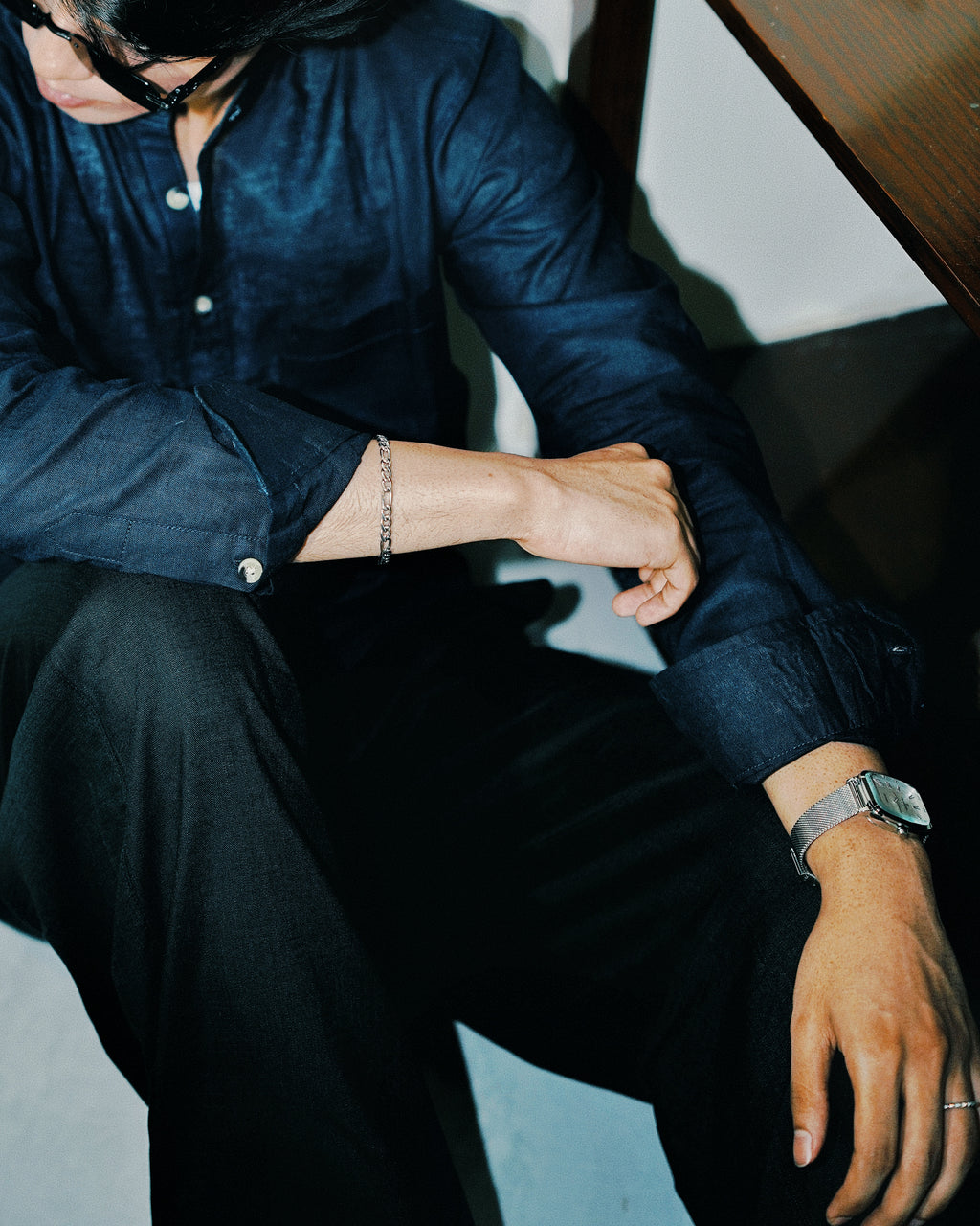 Navy Blue Linen Henley with European Collar