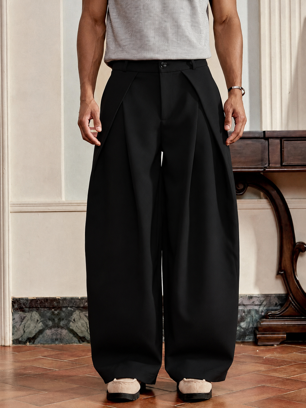 Unisex Prestige Pleated Pinstripe Pant - Black