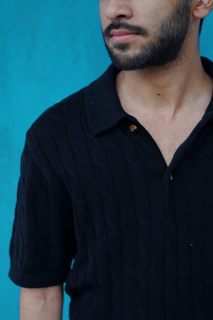Luxury Cable Knit Polo - Black - Image 3
