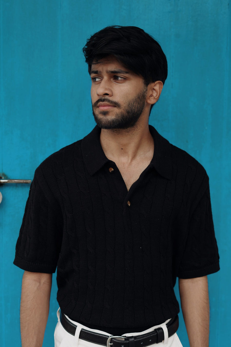 Luxury Cable Knit Polo - Black