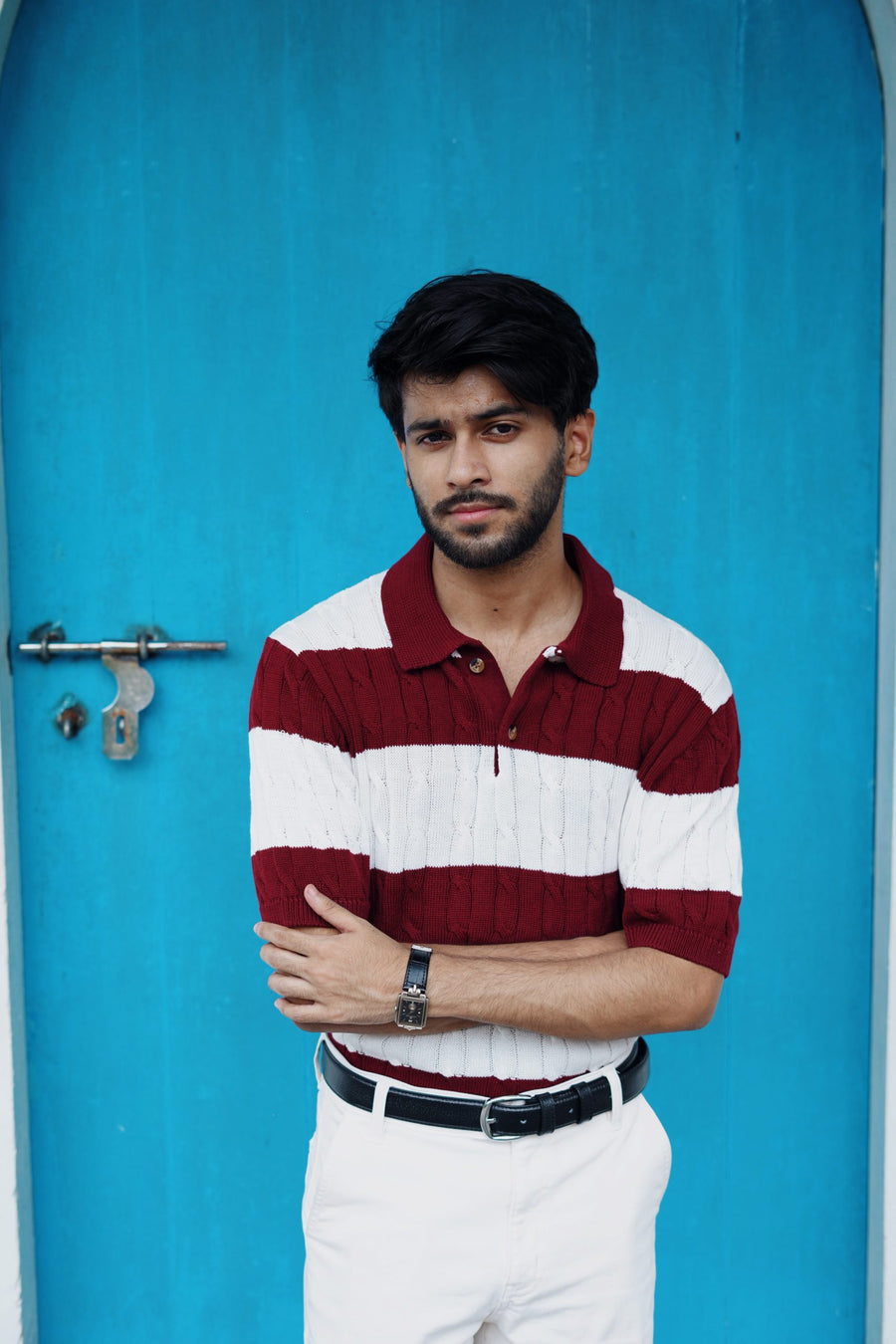 Luxury Cable Knit Polo - Striped Maroon