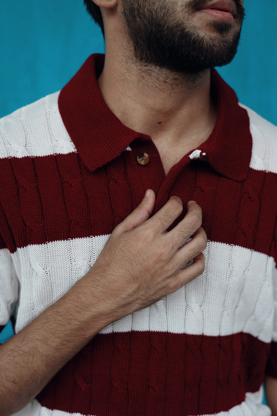 Luxury Cable Knit Polo - Striped Maroon - Image 3