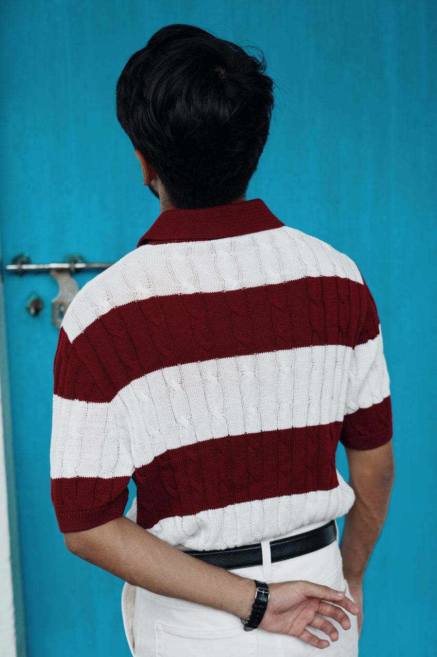 Luxury Cable Knit Polo - Striped Maroon - Image 5