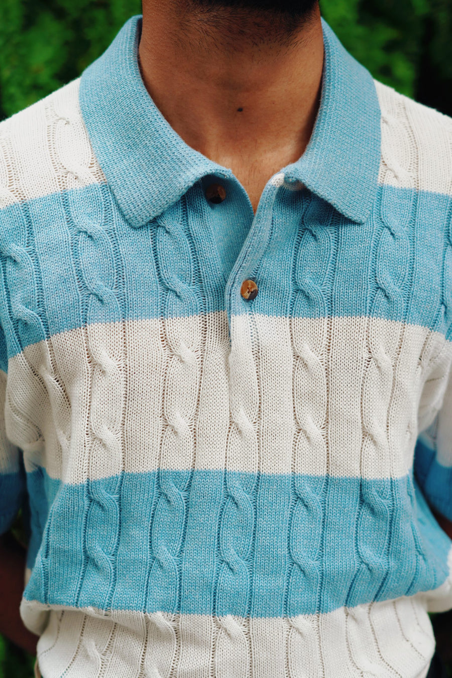 Luxury Cable Knit Polo - Stripe Blue