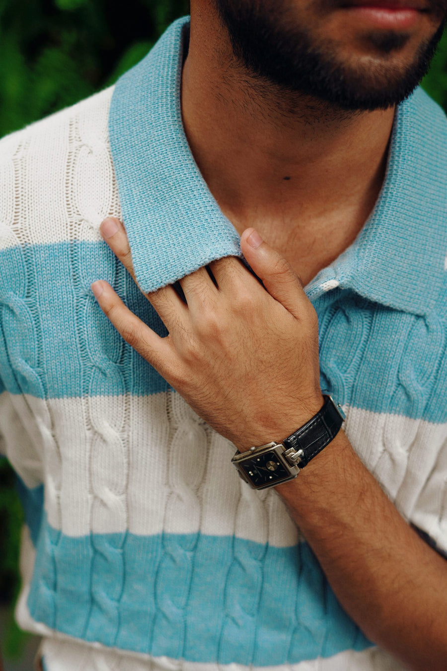 Luxury Cable Knit Polo - Stripe Blue - Image 3