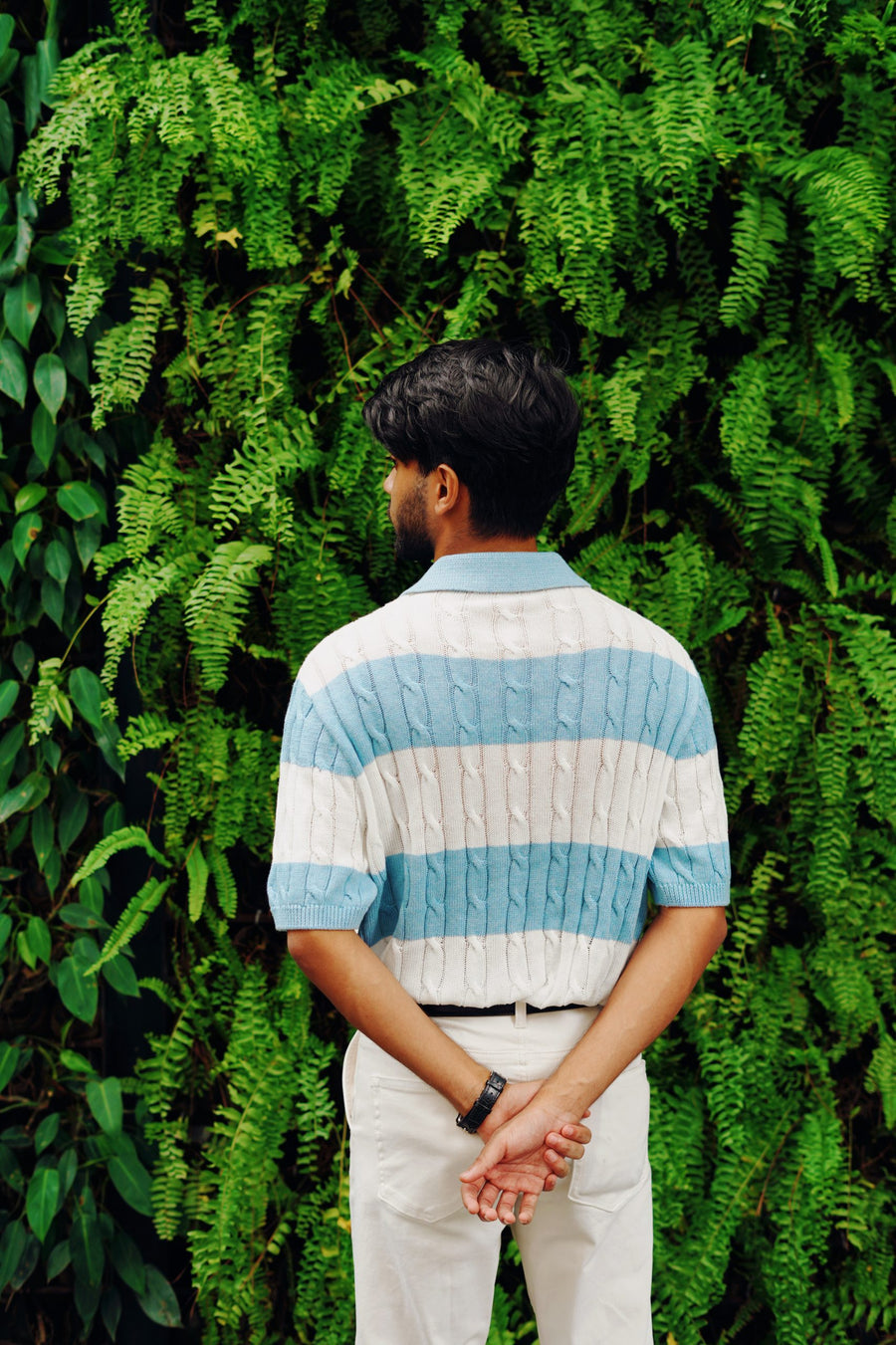 Luxury Cable Knit Polo - Stripe Blue - Image 4