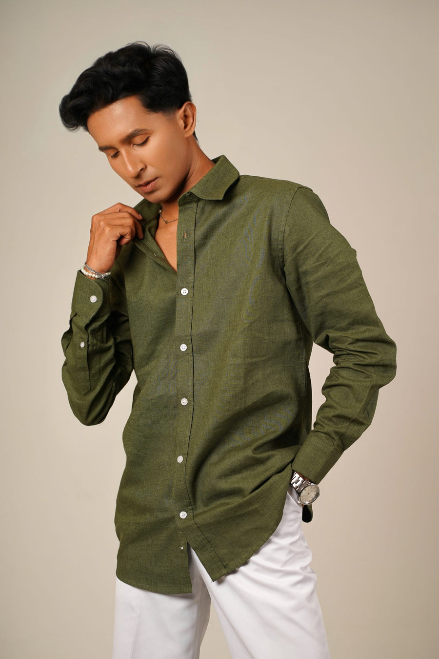 Pure Linen Shirt  -  Olive Green - Image 4