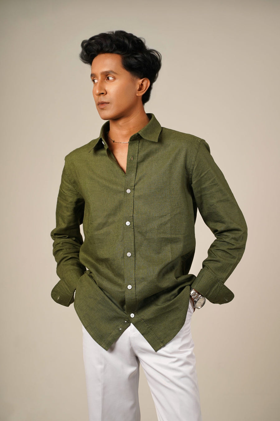 Pure Linen Shirt  -  Olive Green