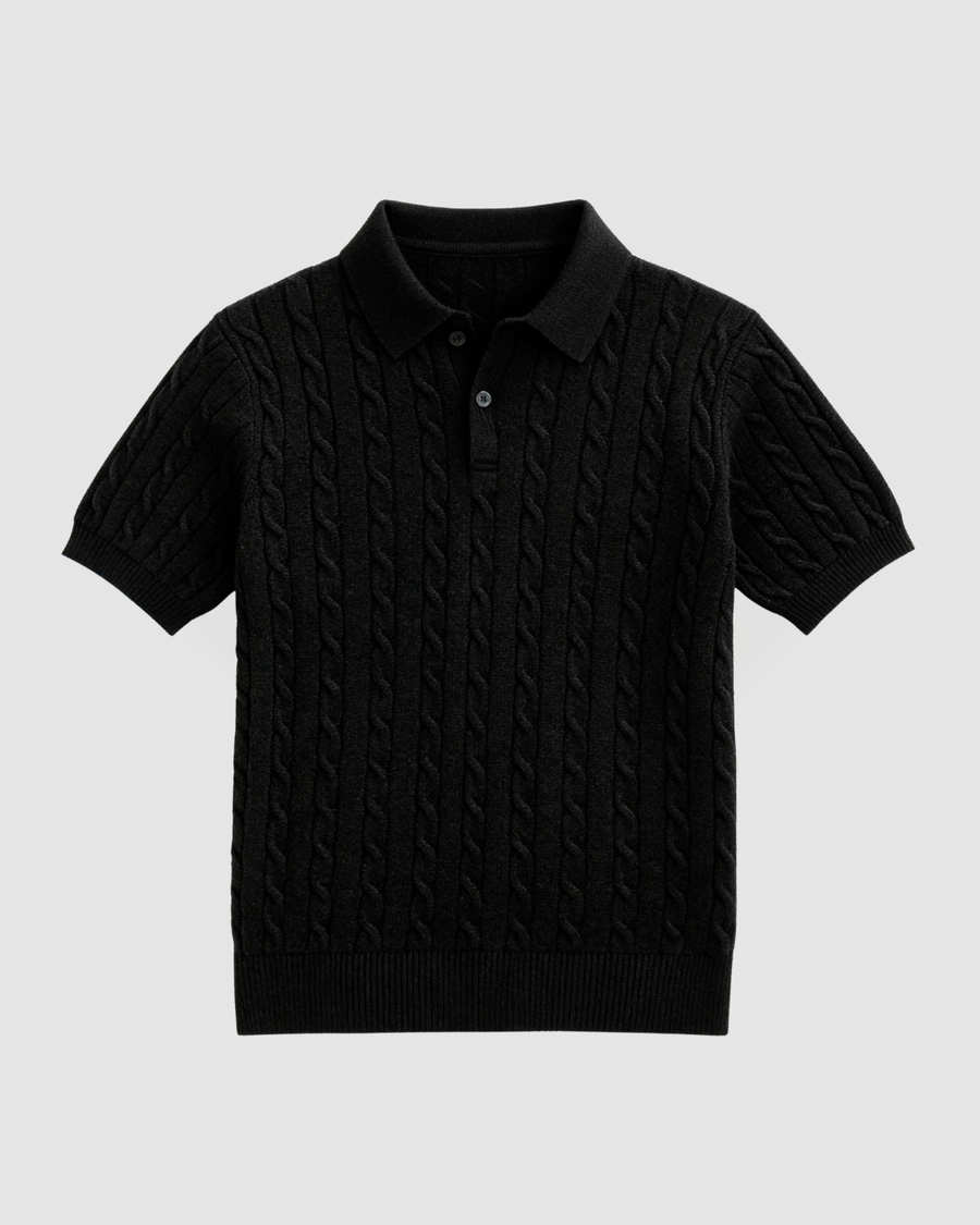 Luxury Cable Knit Polo - Black