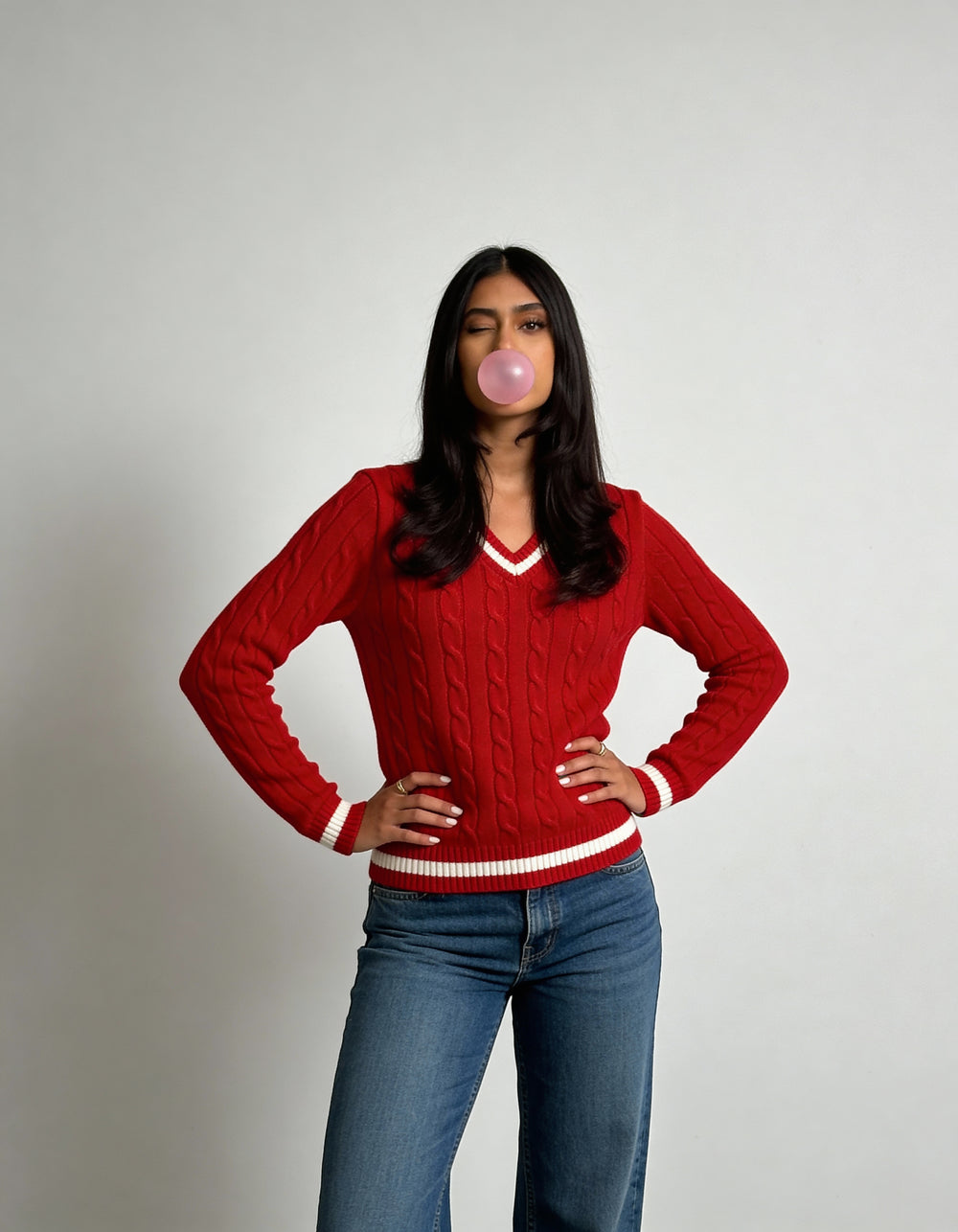 Valeria Women's V-Neck Sweater - Cherry Red