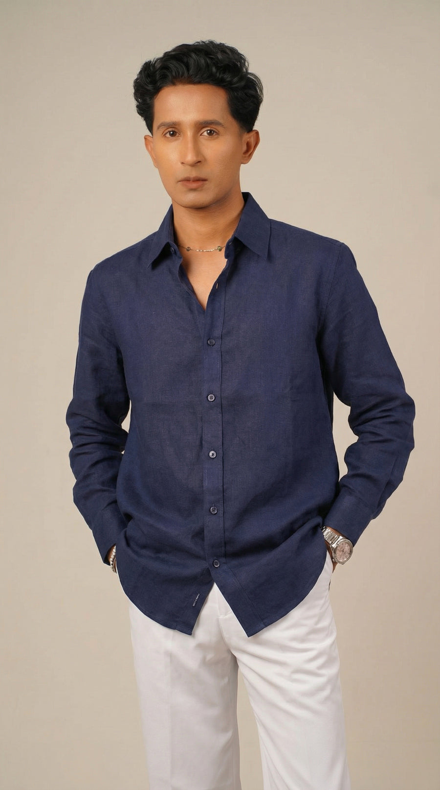 Pure Linen Shirt  -  Navy Blue - Image 1