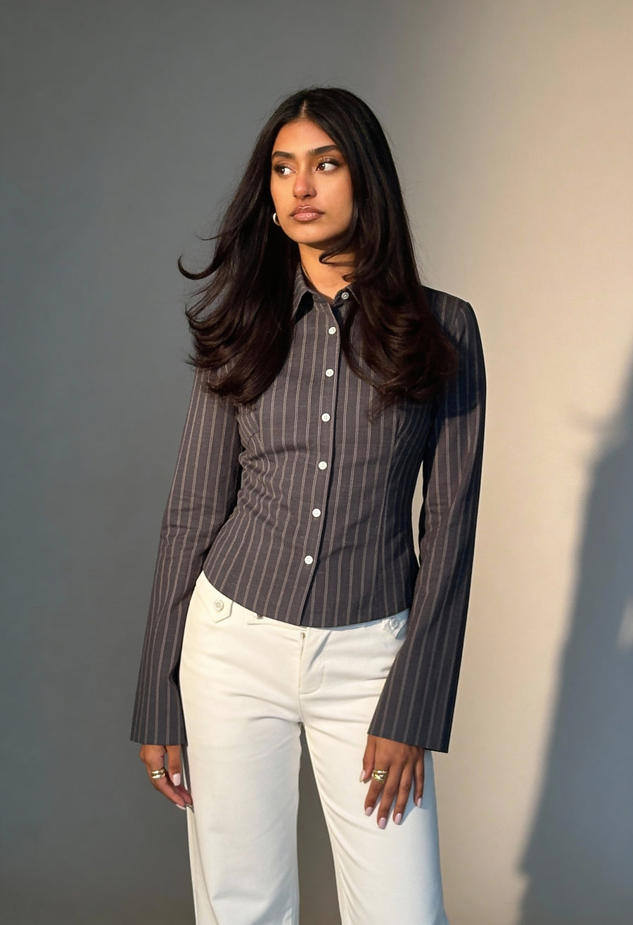 The Riviera Fitted Shirt - Stripe Grey - Image 3