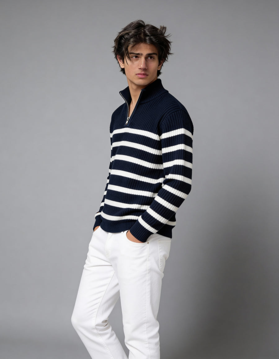 The Belmont Striped Sweater - Navy Blue (Unisex) - Image 5