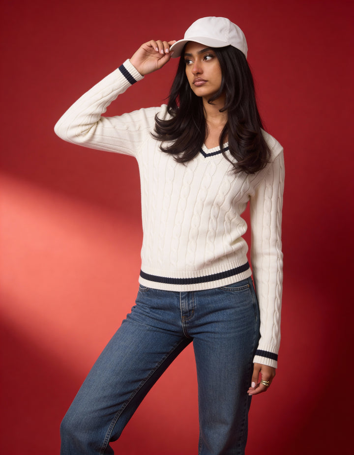 Valeria Women's V-Neck Sweater - White