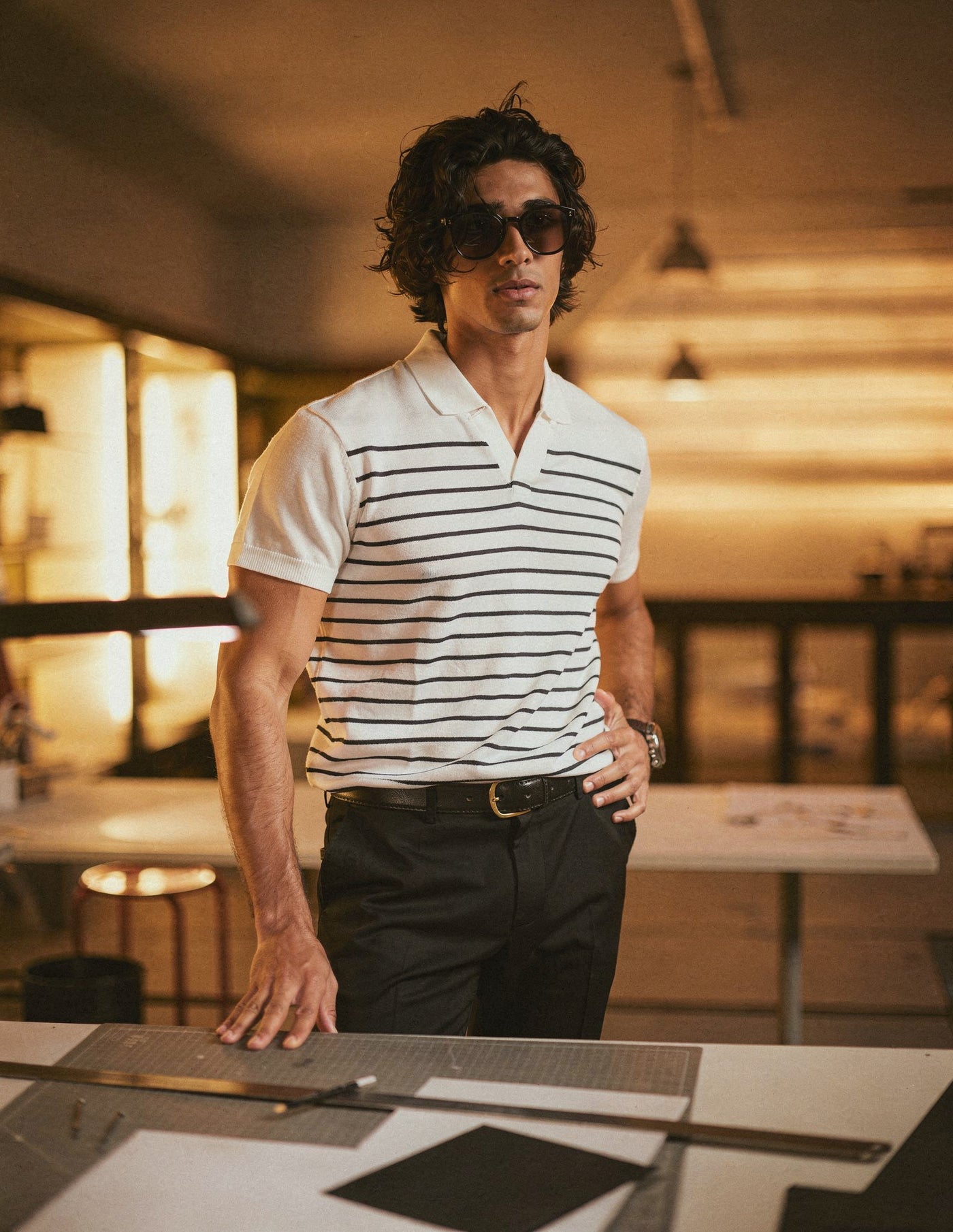 Striped Knit Polo - White