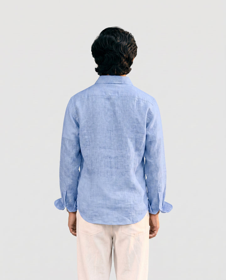 Light Blue Linen Shirt with European Collar