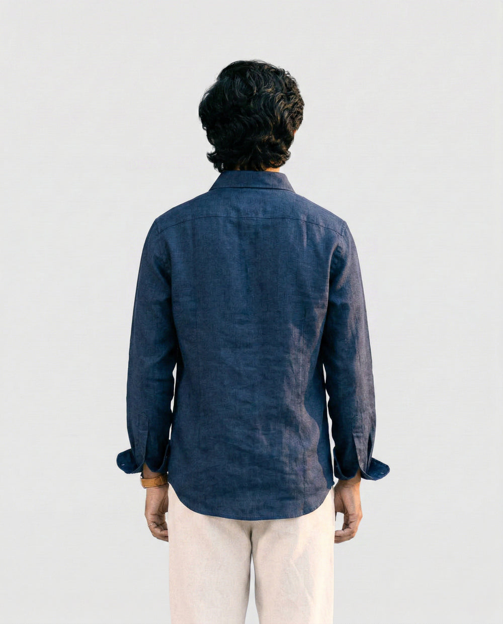 Navy Blue Linen Shirt with European Collar